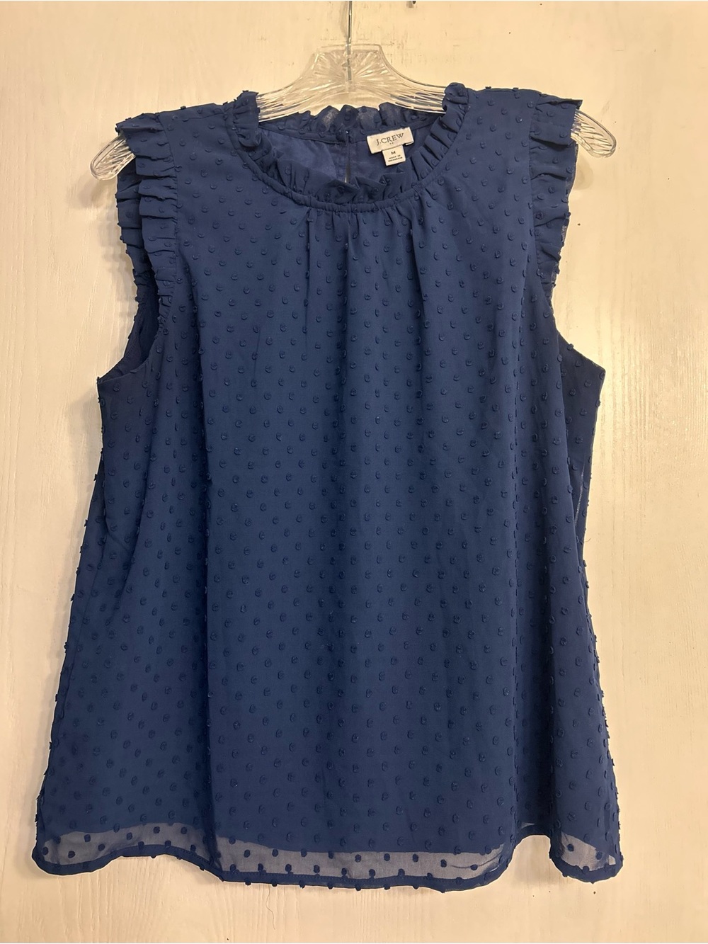 J. Crew Ruffle Swiss Dot Fully Lined Chiffon Sleeveless Ladies Blouse Size M.